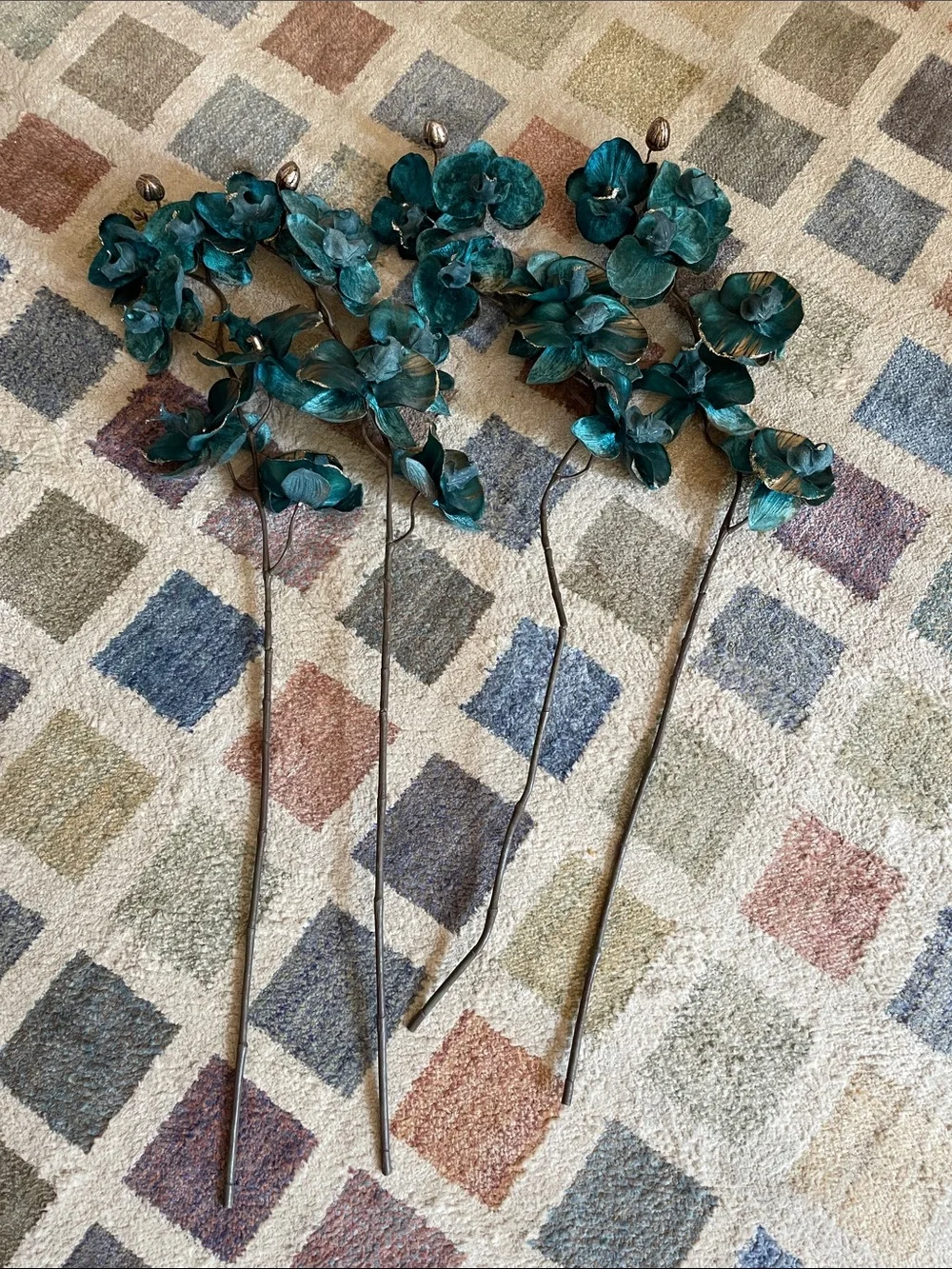 Teal and Gold Orchid Stems (4)- Decorative Home Accent